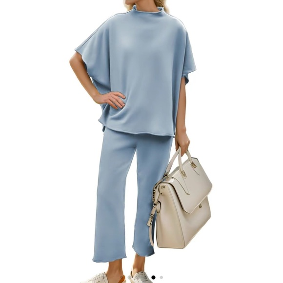Pants - Blue Wide Leg Cropped Pants High-Waisted